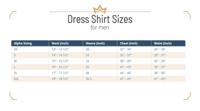 Men's dress shirt size chart